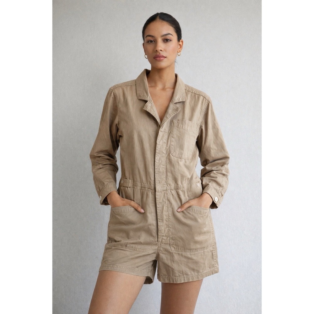 Alex Mill Women's Khaki‎ Tan Utility Short Jumpsuit Long Sleeve Pockets XS